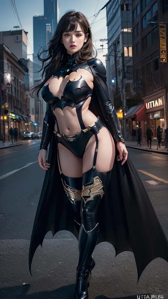 (nsfw:1.1)、((Cowboy Shot))、Mature Woman、(masterpiece, Highest quality), Intricate details, 8K, 1 Girl, Long Hair, Bowl Cut Hair,((blunt bangs))、 Black Hair,((Ultra-detailed and super-intricately designed Batman suit)),Skyscraper, city, building,street,((Delicate painting)),(Detailed RAW photos of girls), (Pieces fly:1.25), (Highest quality:1.6), (Ultra-high resolution:1.5), (Photorealistic:1.75), 8K resolution, Canon EOS R5, 50mm, Confused, Very detailed,Cinema Lighting、(((Super big breasts)))、Leg spread、The abdomen is visible、((Separate suits))、Batman knee-high socks with ultra-delicate and super intricate embellishments、Sexy pose、Ultra delicate and super detailed Batman bikini