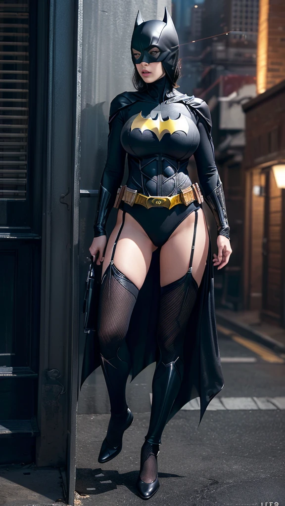 nsfw:1.5、((Cowboy Shot))、Mature Woman、(masterpiece, Highest quality), Intricate details, 8K, 1 Girl, Long Hair, Bowl Cut Hair,((blunt bangs))、Matte black suit、 Black Hair,((Batman suit with intricate and detailed design)),Skyscraper, city, building,street,((Delicate painting)),(Detailed RAW photos of girls), (Pieces fly:1.25), (Highest quality:1.6), (Ultra-high resolution:1.5), (Photorealistic:1.75), 8K resolution, Canon EOS R5, 50mm, Confused, Very detailed,Cinema Lighting、(((Super big breasts)))、Leg spread、The abdomen is visible、((Separate suits))、Batman knee-high socks with intricate and detailed designs、Sexy pose、Batman bikini with delicate and detailed embellishment、(((Ripped and tattered suit:1.1)))