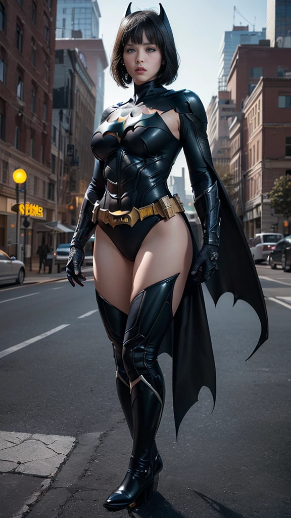 (nsfw:1.1)、((Cowboy Shot))、Mature Woman、(masterpiece, Highest quality), Intricate details, 8K, 1 Girl, Long Hair, Bowl Cut Hair,((blunt bangs))、 Black Hair,((Ultra-detailed and super-intricately designed Batman suit)),Skyscraper, city, building,street,((Delicate painting)),(Detailed RAW photos of girls), (Pieces fly:1.25), (Highest quality:1.6), (Ultra-high resolution:1.5), (Photorealistic:1.75), 8K resolution, Canon EOS R5, 50mm, Confused, Very detailed,Cinema Lighting、(((Super big breasts)))、Leg spread、The abdomen is visible、((Separate suits))、Batman knee-high socks with ultra-delicate and super intricate embellishments、Sexy pose、Ultra delicate and super detailed Batman bikini