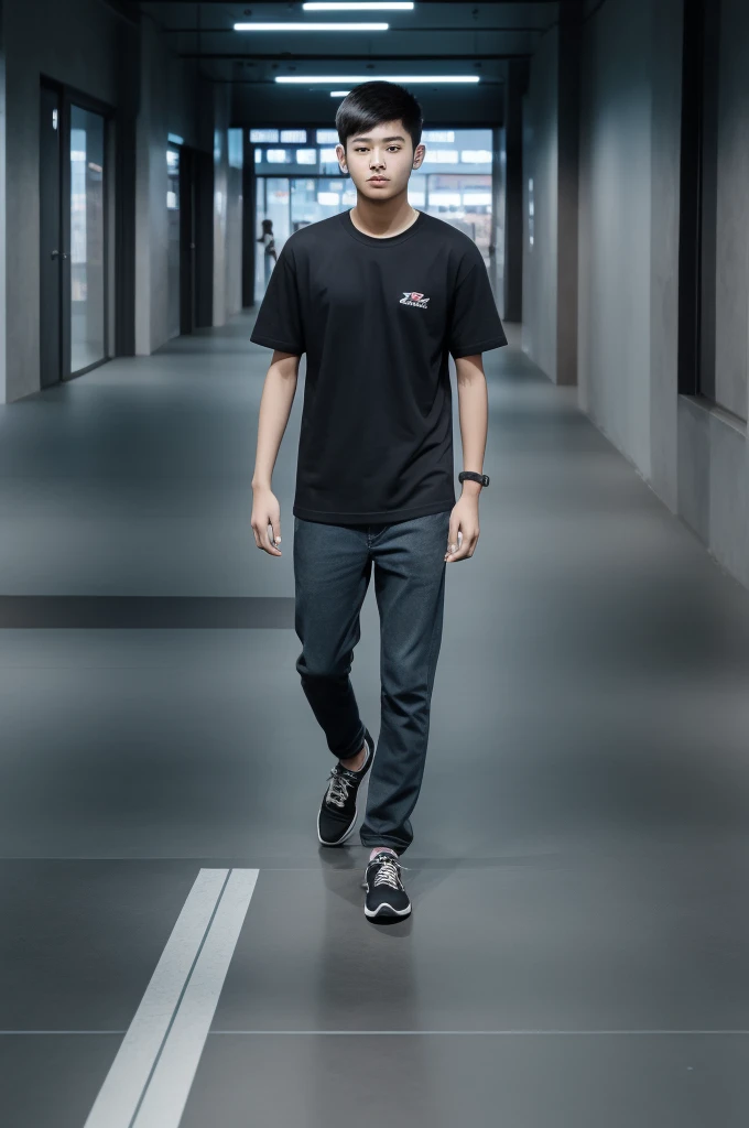 21 year old Beijing boy, he is wearing a oversize xxl blue plain t-shirt, he is wearing black trousers, he is wearing sneakers, he is wearing glasses, city, full body,  he is buzz cut Hair, foot, walking 