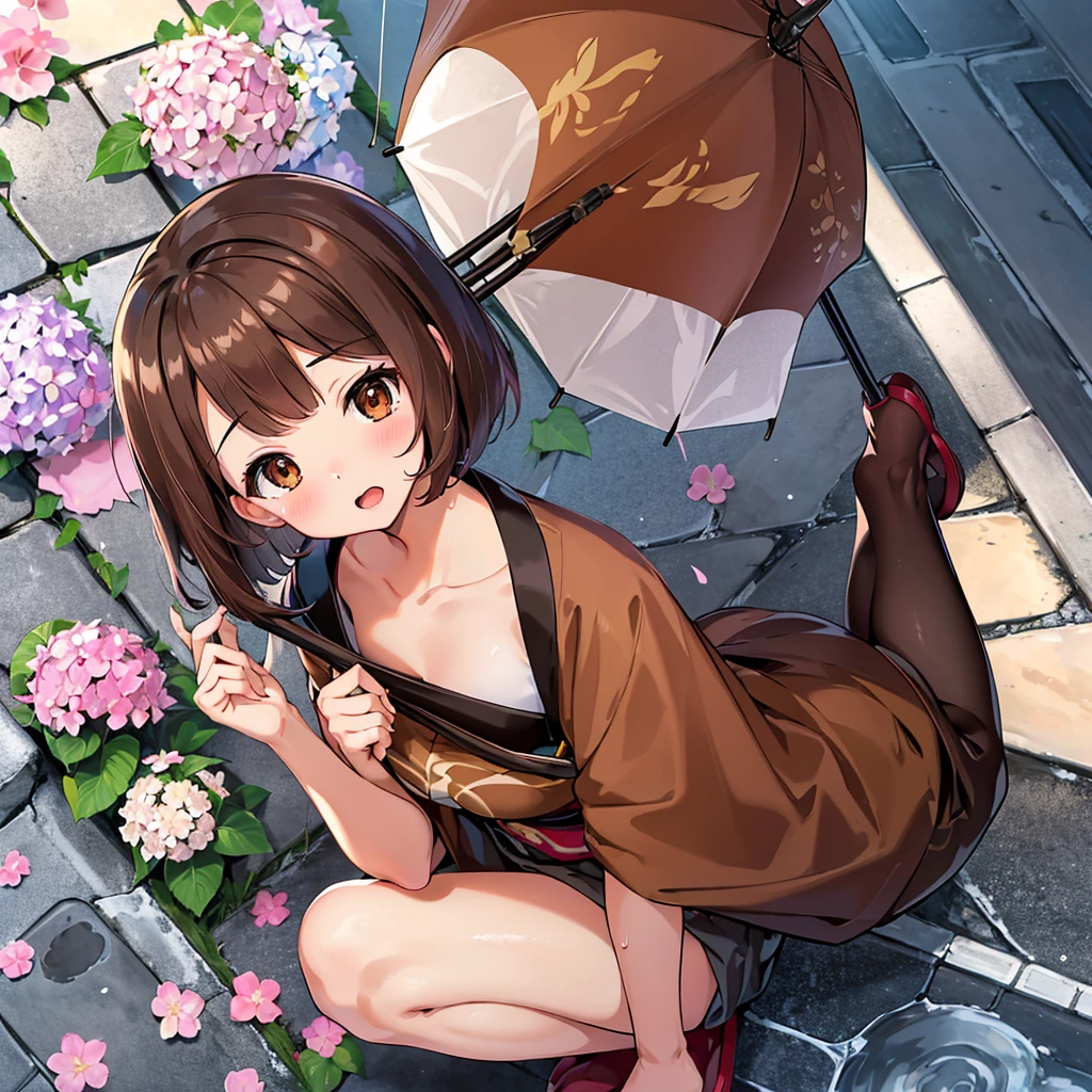 masterpiece, Highest quality, High resolution, Gloria1, 1 Girl, Gloria\(Pokémon\), Brown Hair, , Brown Eyes, , Short Hair, , Bobcut, bangs, , 1Describe a girl carefully 1Girl Expression in love blush Open Mouth blush kimono(Hydrangea pattern) breast enhancement Japanese-style streetscape Use an umbrella rain