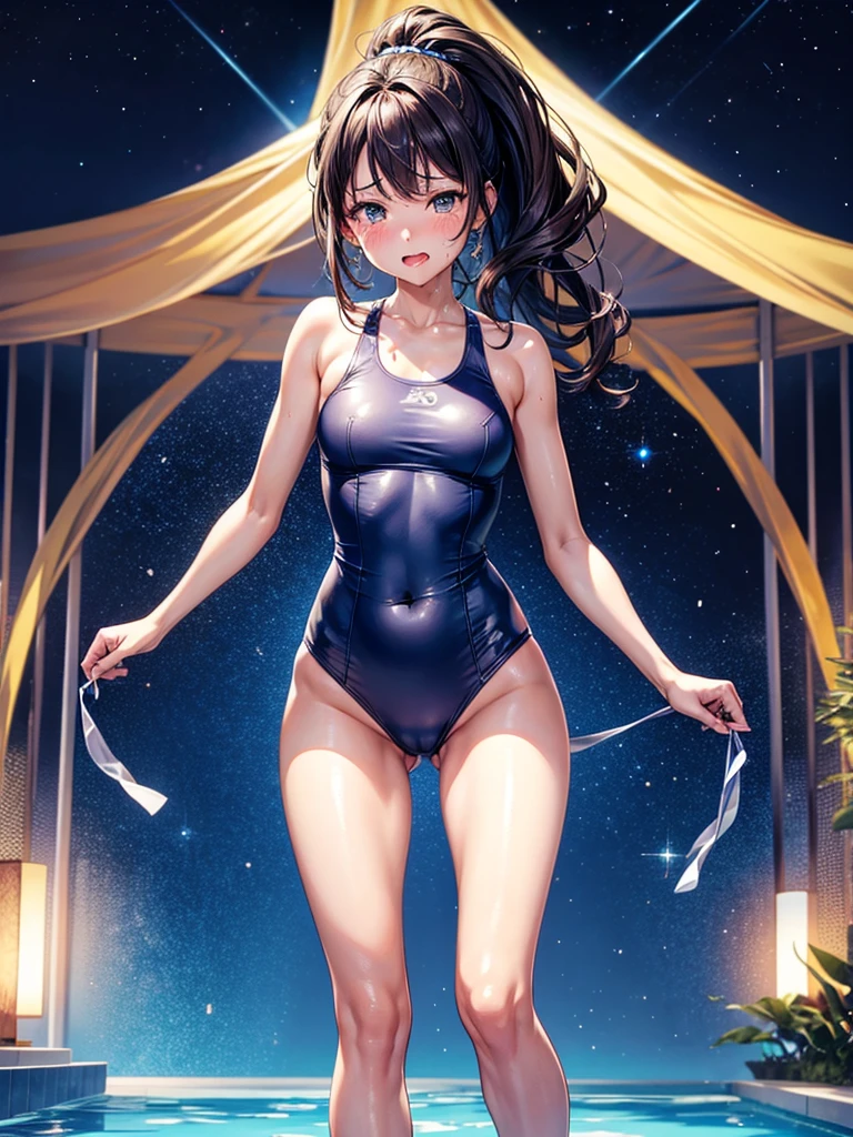 Highest Resolution,Highest quality,1People Girls,beautiful girl,Full body close-up,The body is frontal,looking at the camera,Standing posture,Crying face,Tears,Stringy saliva,Open your mouth,Sticking out tongue,Saliva,Tears overflow,Dripping a lot of saliva,Drooling,Swimsuits by the pool at night,Night view,High leg,ponytail,