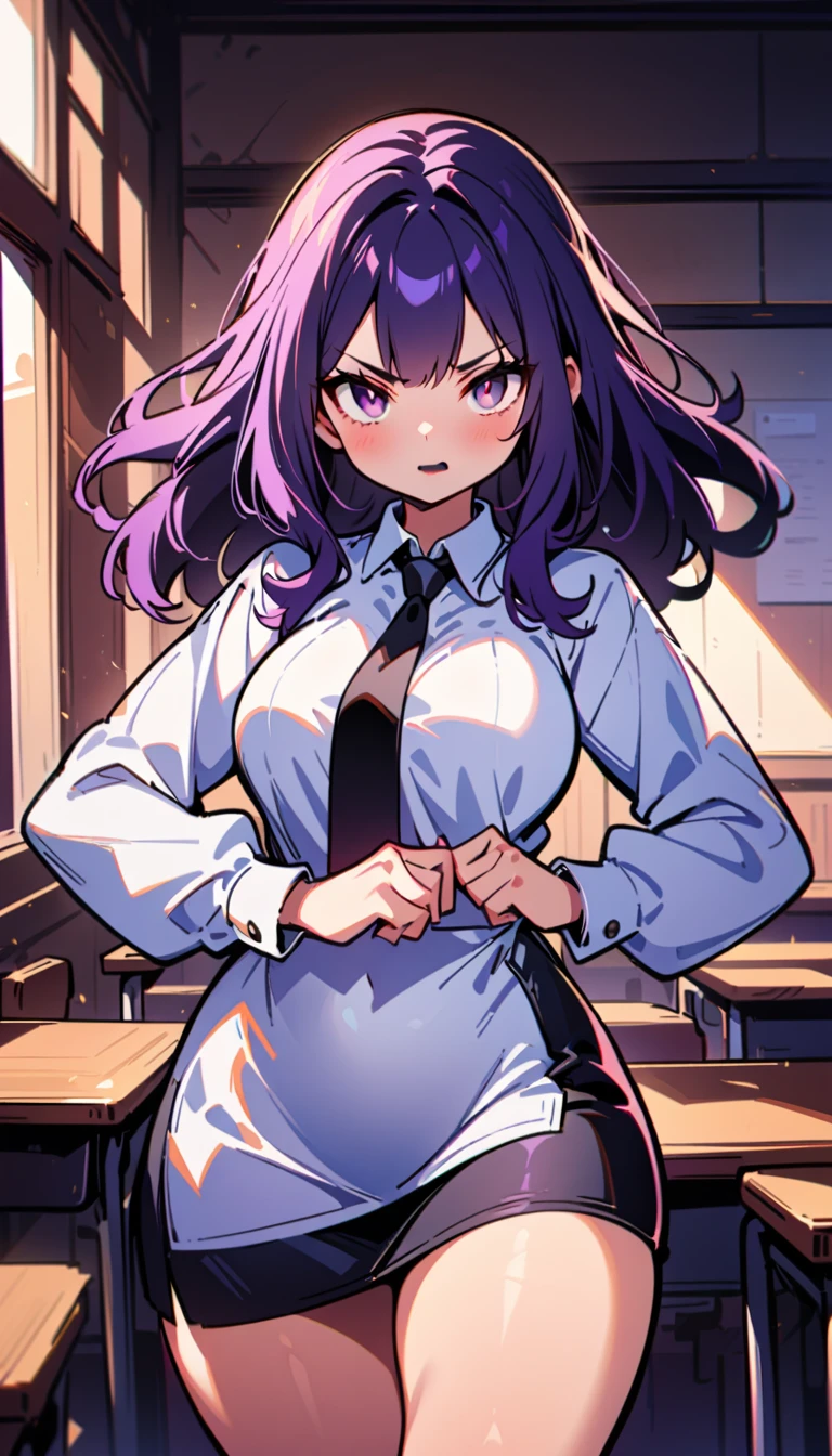 (high quality, 8k, 4K, high contrast, artwork:1.2, high quality, best aesthetics), ((1 woman)), erotic, sensual, mature body, super detailed, beautiful face detailed, beautiful eyes detailed, detailed beautiful mouth, sexy body, perfect breats, perfect wide thighs, (long, wavy dark purple hair), (dark purple eyes), (black lipstick), (serious facial expression), (white dress shirt, black tie, short black skirt), (girl), (standing), (centered) , (looking at the viewer), (empty classroom)