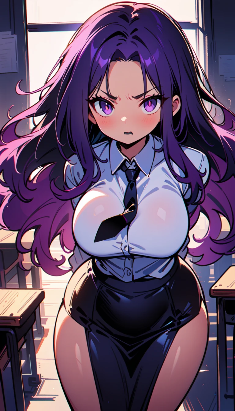 (high quality, 8k, 4K, high contrast, artwork:1.2, high quality, best aesthetics), ((1 woman)), erotic, sensual, mature body, super detailed, beautiful face detailed, beautiful eyes detailed, detailed beautiful mouth, sexy body, perfect breats, perfect wide thighs, (long, wavy dark purple hair), (dark purple eyes), (black lipstick), (serious facial expression), (white dress shirt, black tie, short black skirt), (schoolgirl), (standing), (centered) , (looking at the viewer), (empty classroom)