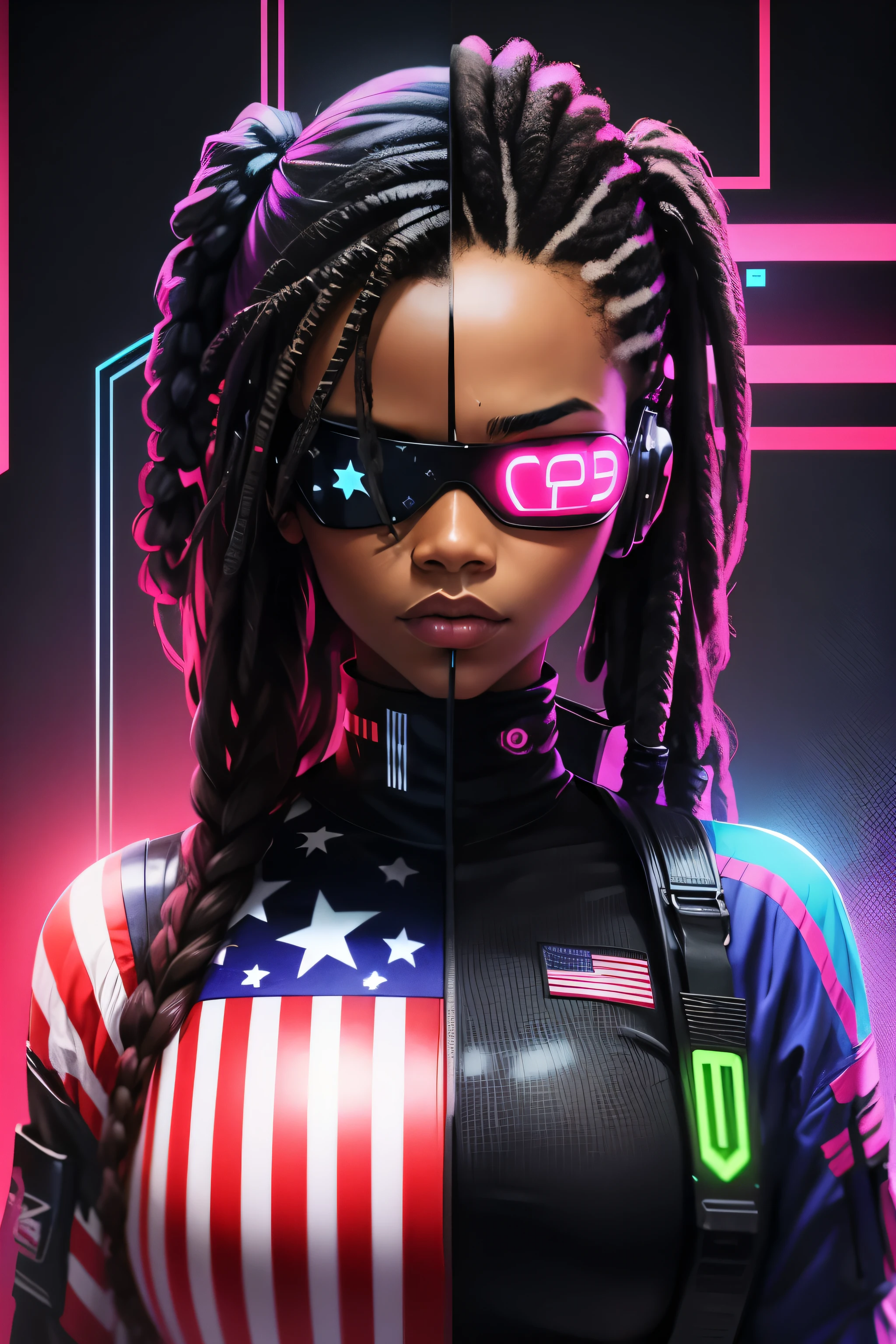 digital American flag, neon colors, cyberspace theme, neon American flag background,, matrix background, ebony woman, dreads, vr headset 