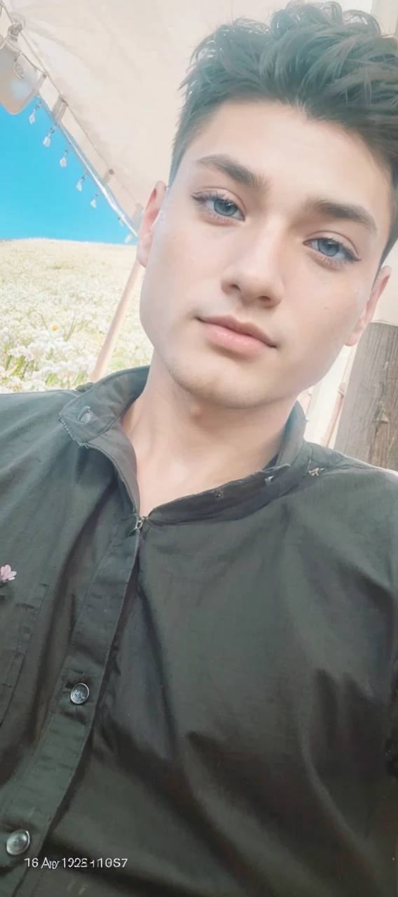 1 boy, anime style, intricate details, highly detailed face, beautiful eyes, long eyelashes, sharp jawline, detailed clothing, flower field, natural lighting, cinematic composition, vibrant colors, muted tones, digital art, concept art, artstation quality