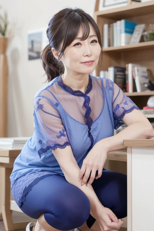 Mature 55 year old beautiful Japanese woman, Married women, Delicate lines, Long eyelashes, Beautiful Eyes, Low Ponytail,office, Bookshelf,office lady,Mature Woman, ( blue lace sheer shirts:1.3),(Short sleeve:1.1),White panties, See-through leggings, shirt, skirt, squat,
