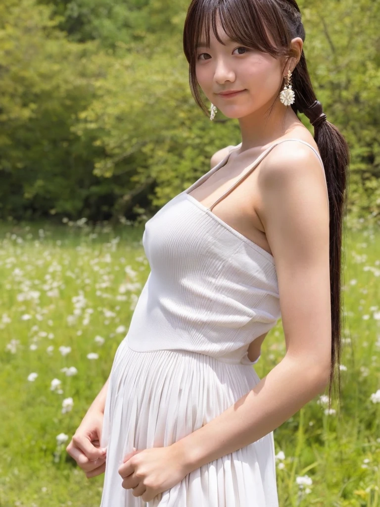 
One Japanese person、Twenty years old、Earrings、Twin tail、Big Breasts、White bare top、Pleated unflower field walk、Full-body front shot
