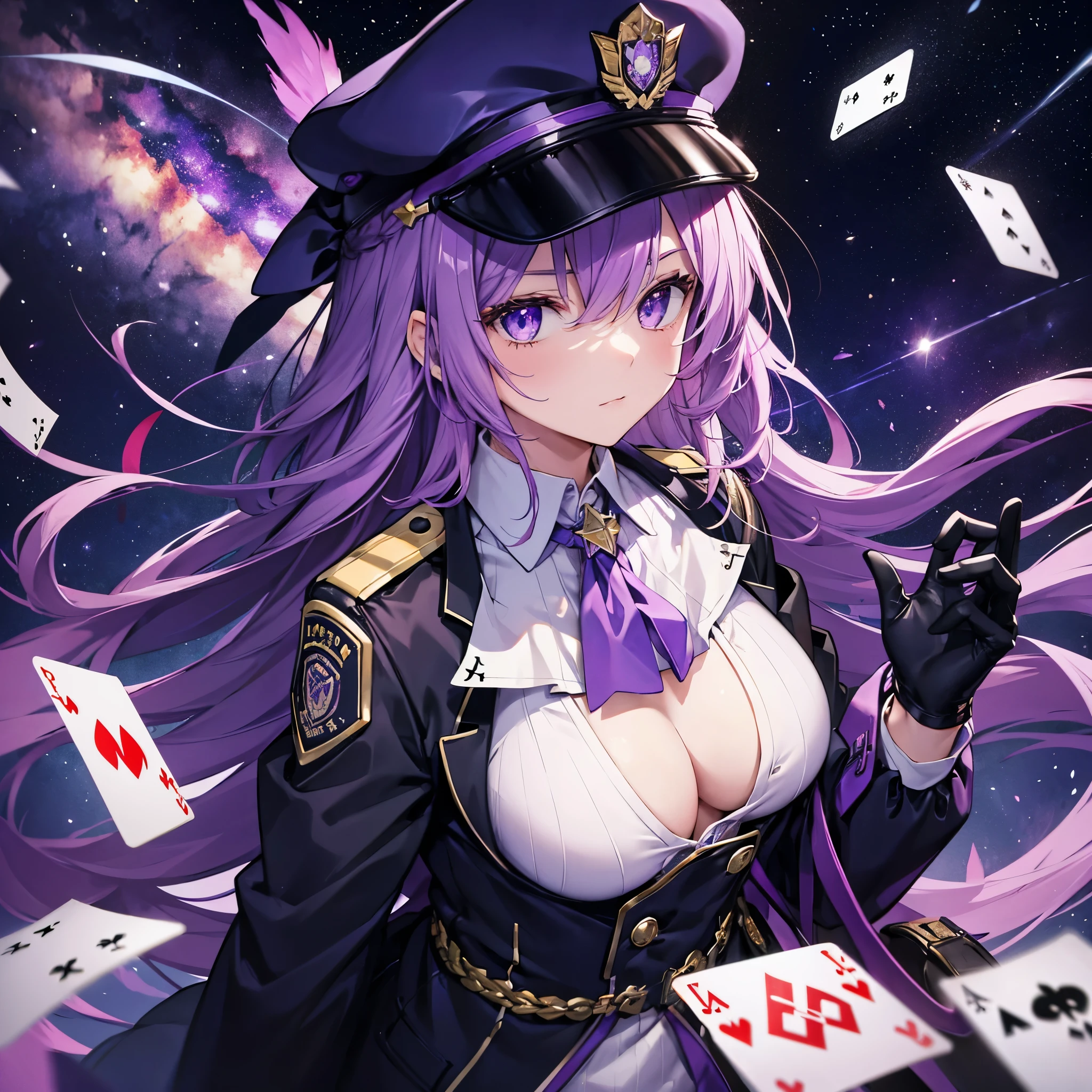 ((Fantasy　Purple Hair　Long Hair　Purple eyes　Female police officer　star badge　policeman's cap　Chest Opening　Lonely　despair))　((Spade playing card　Broken glass　gloves　milky way))　(comet　moon)　Catch the wind　autumn　Glowing purple background　Particles of light, Shining Edges　Low Angle