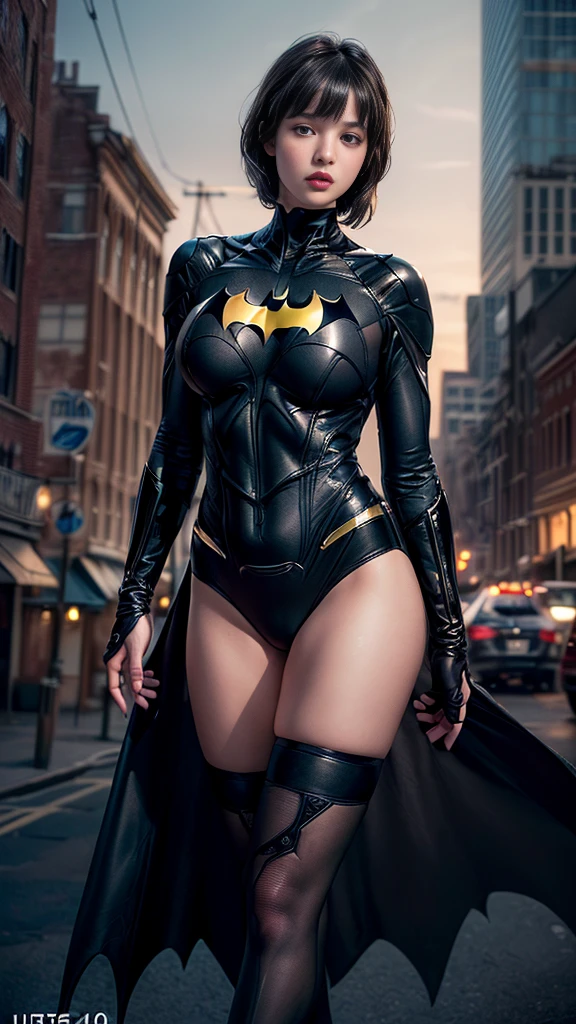 (nsfw:1.1)、((Cowboy Shot))、Mature Woman、(masterpiece, Highest quality), Intricate details, 8K, 1 Girl, Long Hair, Bowl Cut Hair,((blunt bangs))、 Black Hair,((Ultra-detailed and super-intricately designed Batman suit)),Skyscraper, city, building,street,((Delicate painting))，(Detailed RAW photos of girls), (Pieces fly:1.25), (Highest quality:1.6), (Ultra-high resolution:1.5), (Photorealistic:1.75), 8K resolution, Canon EOS R5, 50mm, Confused, Very detailed,Cinema Lighting、(((Super big breasts)))、Leg spread、The abdomen is visible、((Separate suits))、Ultra-detailed and intricately decorated Batman knee-high socks、Sexy pose、Batman bikini with delicate and detailed embellishment、