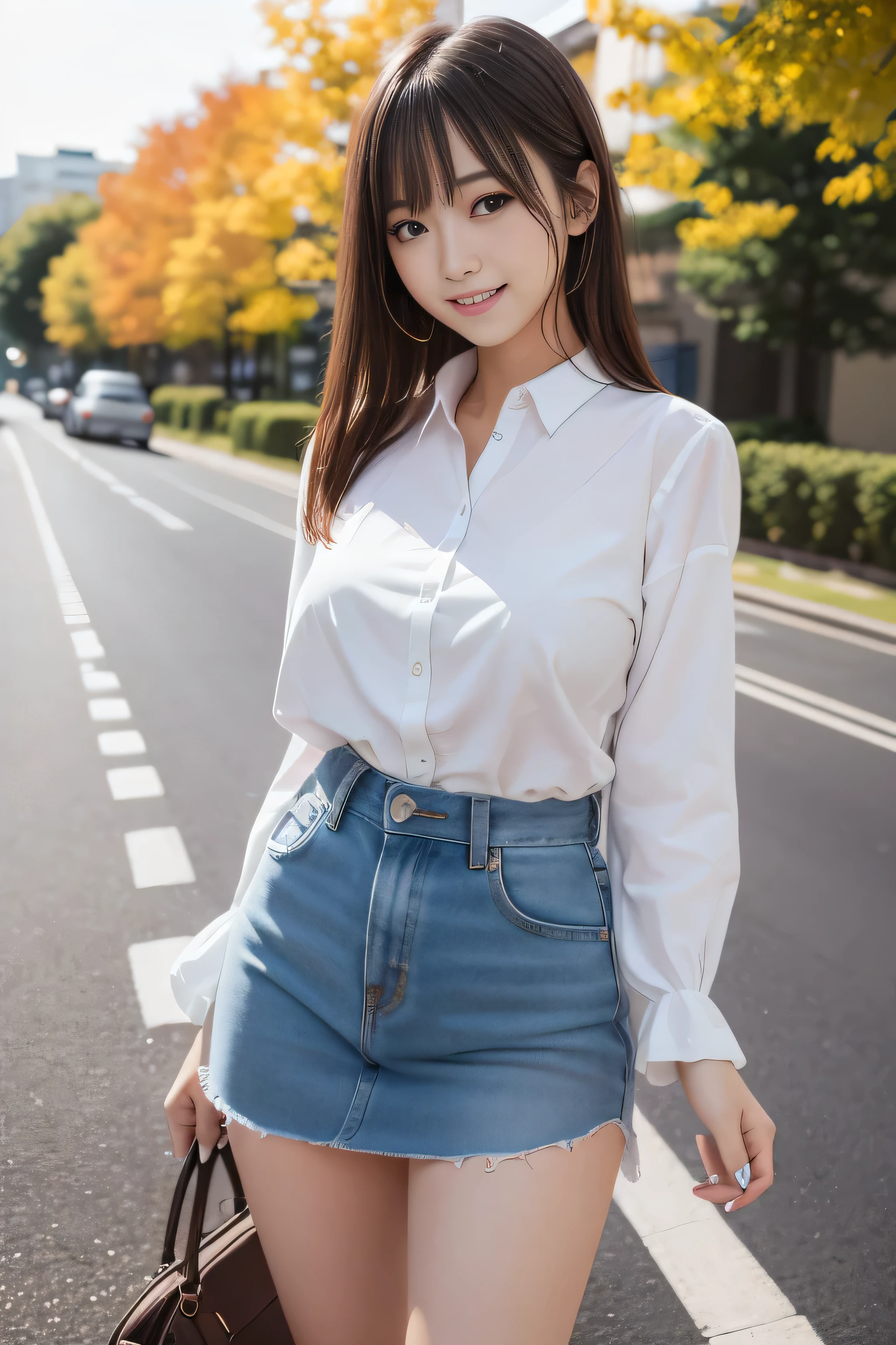 8K,Highest quality:1.4, Ultra-high resolution:1.5, (Realistic:1.4),masterpiece:1.2,(Highest quality:1.4)、 RAW Photos、(The background is blurred), Parking on top of a hill,Nice views:1.4、Full Body Shot:1.5、 1 Japanese girl, cute, (alone), (Big smile), Smooth Skin、(30 years old:1.4)、Stand on your own two feet、Check mini skirt、cute miniskirt、 (Brown medium hair,bangs), (Touching your hair:1.4)、Nogizaka、cute Baby Turtle、soft fingertips,Beautiful dark eyes、Natural skin texture:1.3, Realistic eye and facial details:1.7、Mid-breasted、Focus on your audience、gravure、Beautiful legs、autumn's、Long sleeve、what kind、((Very large breasts, bigger than her face:1.75))