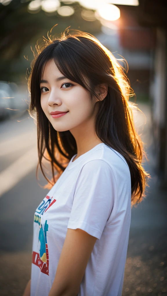 RAW photo, face portrait photo of beautiful 19 y.o japanese woman, cute face, wearing T-shirt, happy face, cinematic shot, dramatic lighting, Windblown Hair, mysterious, Downcast profile, bokeh.