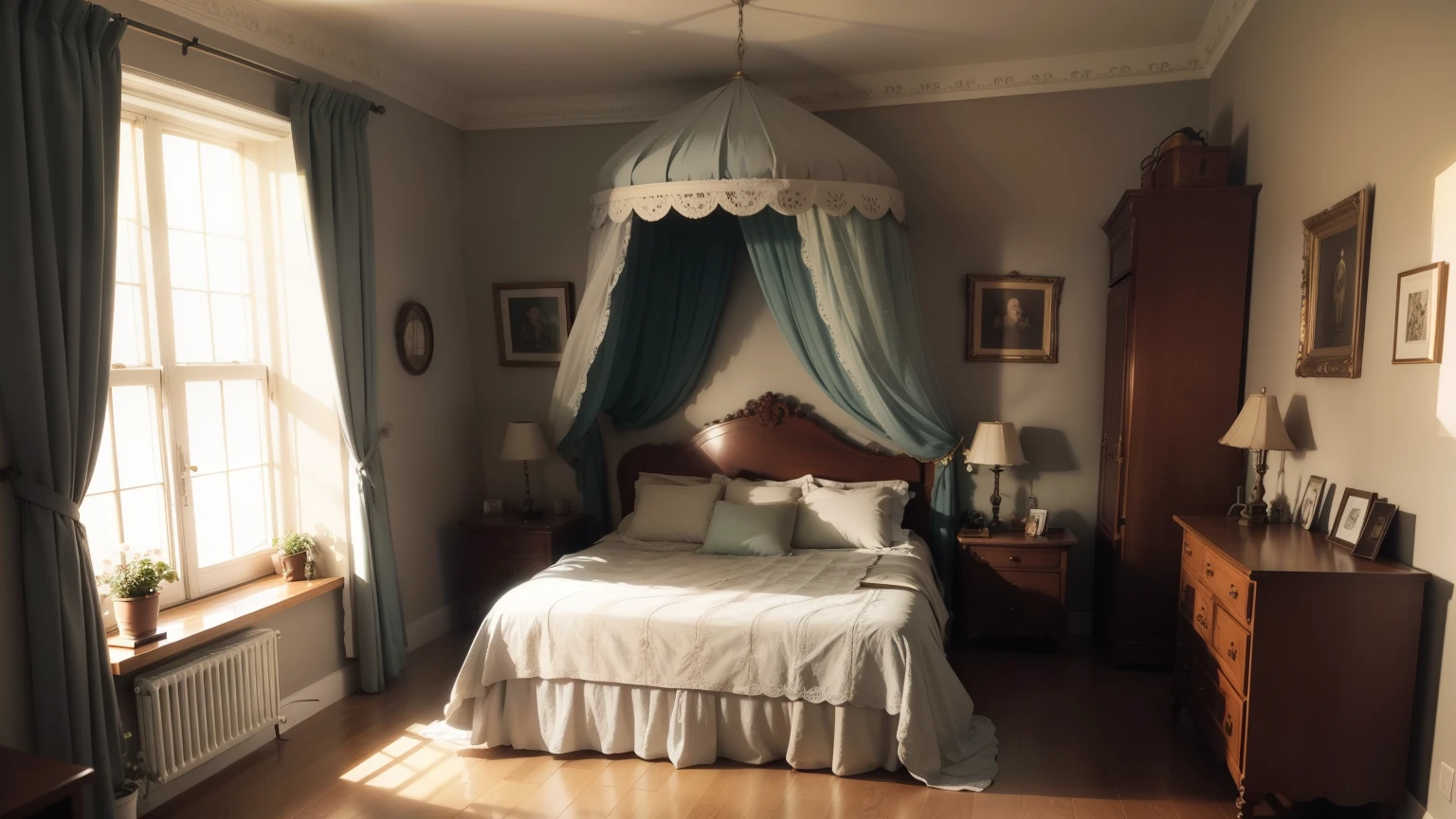 （（Bedroom interior wide angle，Different world scene，Gray curtains）），Retro，middle Ages，old，Princess bedroom