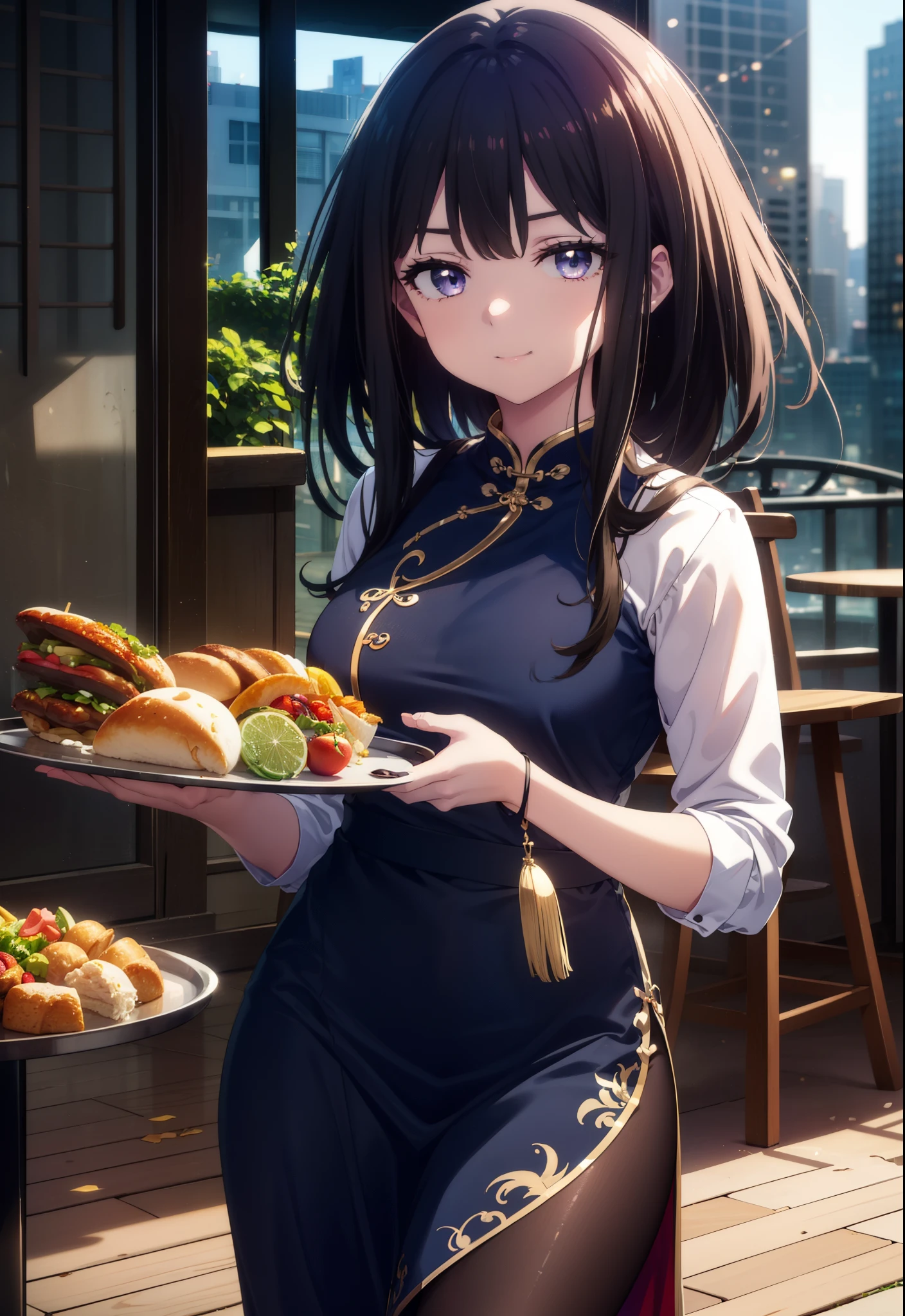 Takiuchi, Check it out, Long Hair, bangs, Black Hair, (Purple eyes:1.2),happy smile, smile, Close your mouth,
Sleeveless blue Chinese dress,Blue long slit,Black pantyhose,Stiletto heels,Tables and chairs, food, drink, tray, tray in one hand,whole bodyがイラストに入るように,Walking,
break indoors,Chinese style coffee shop,
break looking at viewer, whole body,
break (masterpiece:1.2), Highest quality, High resolution, unity 8k wallpaper, (shape:0.8), (Fine and beautiful eyes:1.6), Highly detailed face, Perfect lighting, Highly detailed CG, (Perfect hands, Perfect Anatomy),
break outdoors, city,
break looking at viewer, (Cowboy Shot:1.5),
break (masterpiece:1.2), Highest quality, High resolution, unity 8k wallpaper, (figure:0.8), (Beautiful attention to detail:1.6), Highly detailed face, Perfect lighting, Highly detailed CG, (Perfect hands, Perfect Anatomy),