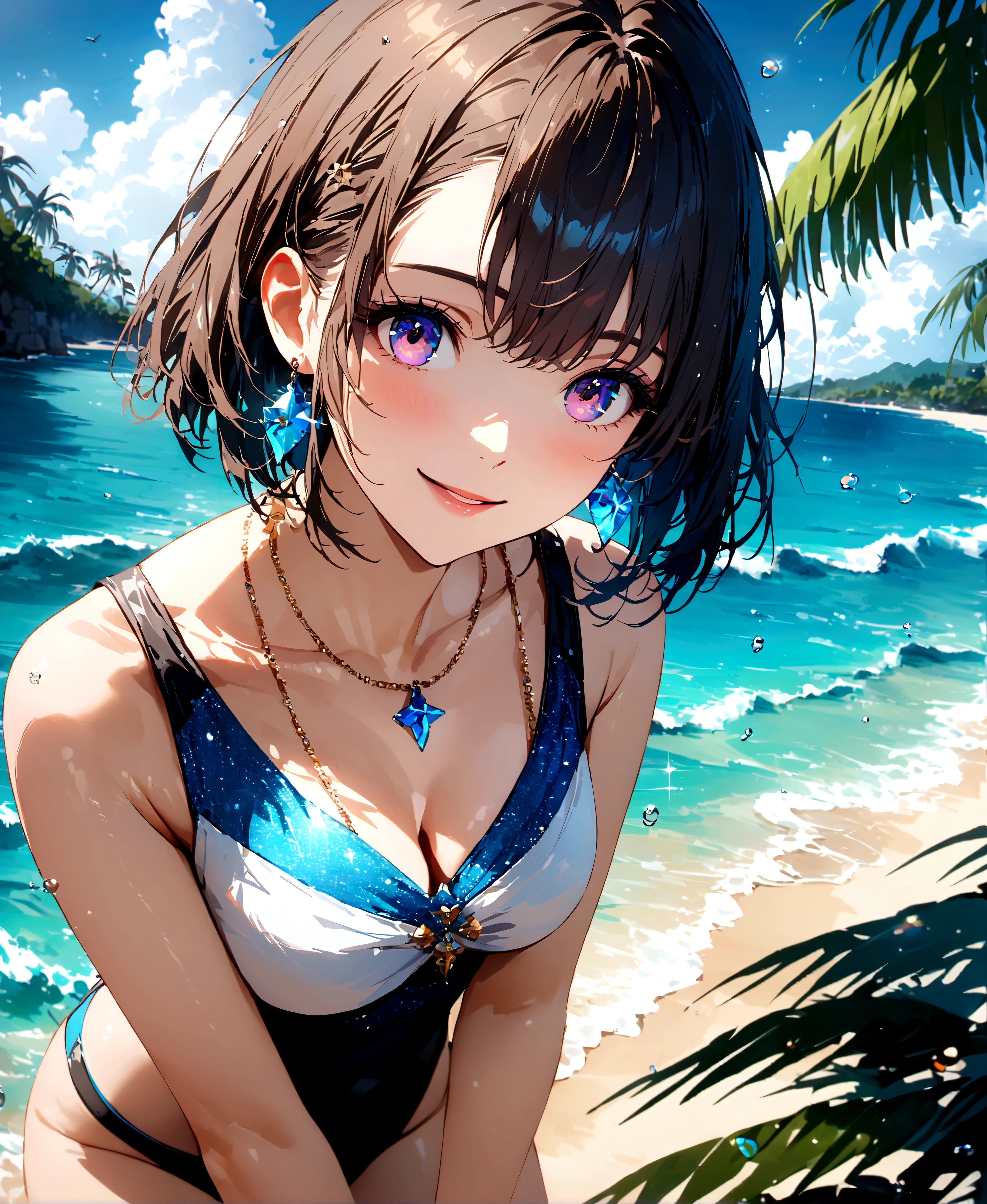 Sparkling sea and tropical ocean, Sunny sky with fluffy white clouds, Palm trees along the coast, Blur the background,Pleasant sea breeze,high school girl,Swimwear,short hair,smile,Glitter effect,Highest quality, 4K, 8K, High resolution, masterpiece:1.2, Very detailed, Realistic:1.37, High resolution, 超High resolution, Ultra-fine painting, Sharp focus, Physically Based Rendering, Very detailedな説明, Professional, Vibrant colors