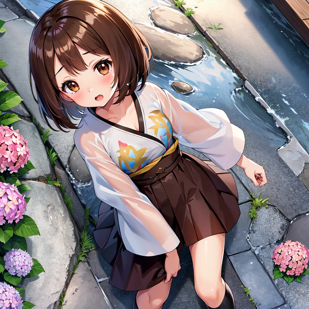 masterpiece, Highest quality, High resolution, Gloria1, 1 Girl, Gloria\(Pokémon\), Brown Hair, , Brown Eyes, , Short Hair, , Bobcut, bangs, , 　１Describe a girl carefully　１Girl　Expression in love　blush　Open Mouth　blush　　kimono（Hydrangea pattern）　breast enhancement　Japanese-style streetscape　　rain