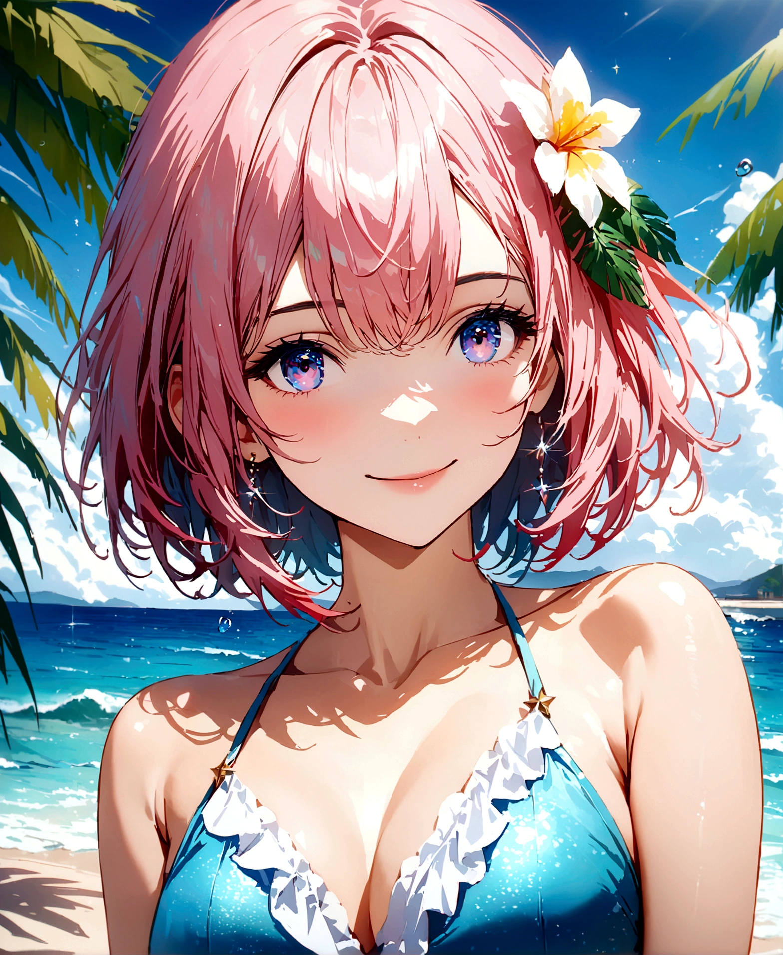 pink hair girl, short hair, no bangs, no bangs, smiling, bikini at lake,, big