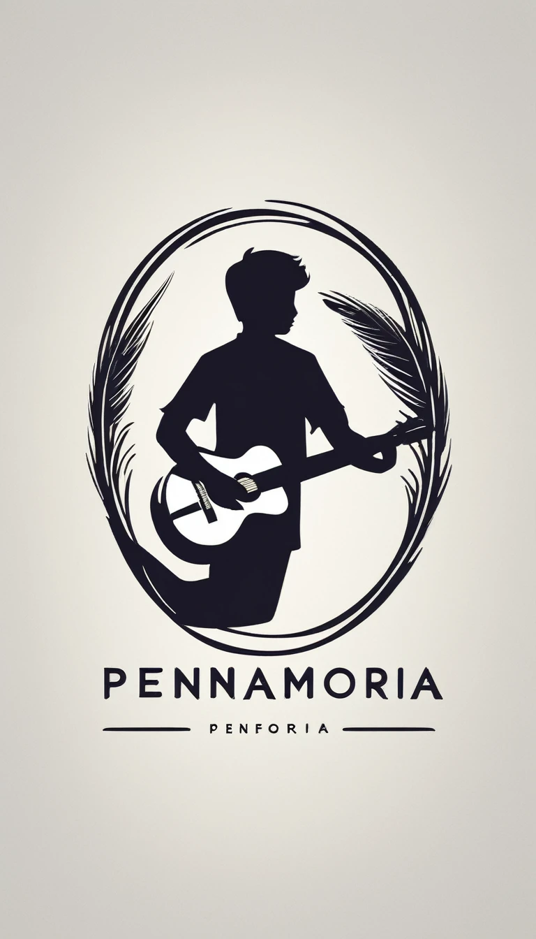 A minimal, modern, simple, cinematic logotype for the brand “Penamemoria". The logotype must be a simple, magical feather and a boy playing acoustic guitar. The logo must convey a sense of music, stories and dreams. Logo design impressed on a book cover. Minimalistic logo