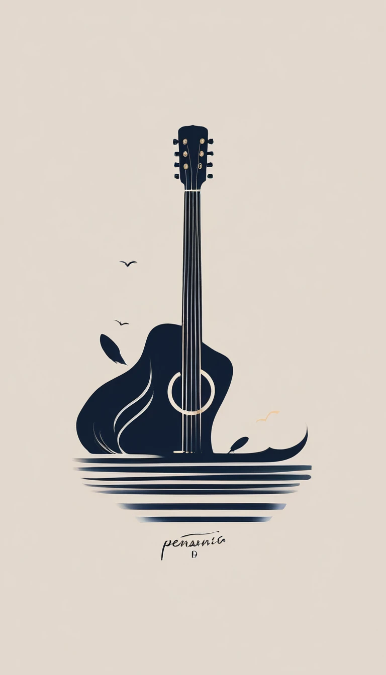 A minimal, modern, simple, cinematic logotype for the brand “Penamemoria". The logotype must be a simple, magical feather and a boy playing acoustic guitar. The logo must convey a sense of music, stories and dreams. Logo design impressed on a book cover. Minimalistic logo