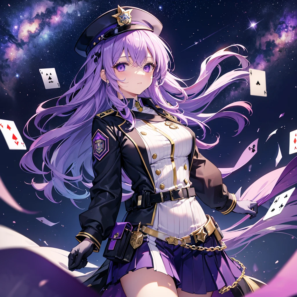 ((Fantasy Purple Hair Long Hair Purple eyes Female police officer star badge policeman's cap Chest Opening despair)) ((Spade playing card Broken glass gloves milky way)) (comet moon) Catch the wind autumn Glowing purple background Particles of light, Shining Edges Low Angle
