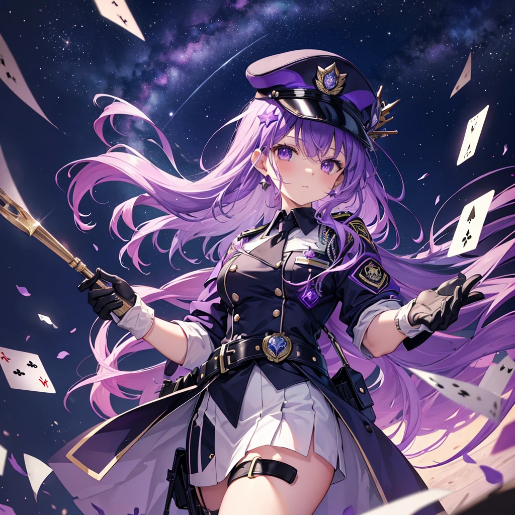 ((Fantasy　Purple Hair　Long Hair　Purple eyes　Female police officer　star badge　policeman's cap　Chest Opening　Lonely　despair))　((Spade playing card　Broken glass　gloves　milky way))　(comet　moon)　Catch the wind　autumn　Glowing purple background　Particles of light, Shining Edges　Low Angle