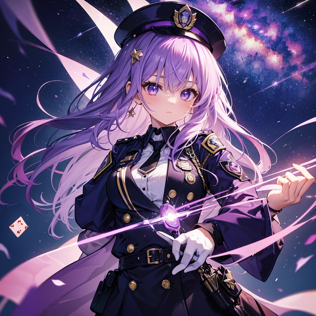 ((Fantasy　Purple Hair　Long Hair　Purple eyes　Female police officer　star badge　policeman's cap　Chest Opening　Lonely　despair))　((Spade playing card　Broken glass　gloves　milky way))　(comet　moon)　Catch the wind　autumn　Glowing purple background　Particles of light, Shining Edges　Low Angle