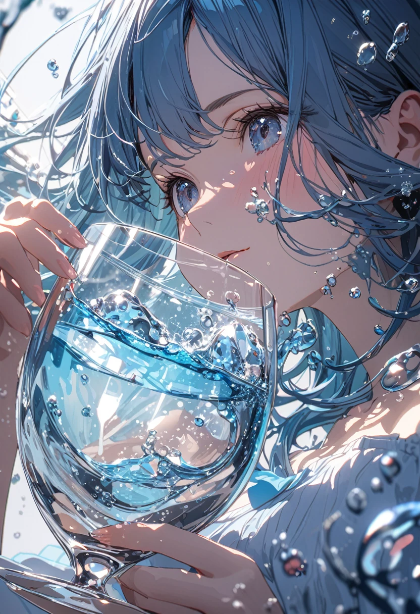 Super detailed, 8K, glass, Water in a glass, Glass Crystals, bubble, Right blue water, nice, bright、Blue Hair Girl、Splash