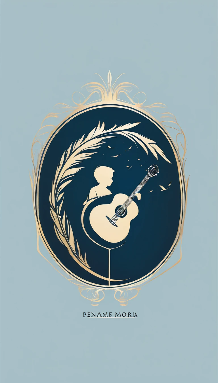 A minimal, modern, simple, cinematic logo design for the brand “Penamemoria". The logo design must be a simple, silhouette of a boy, standing up, playing acoustic guitar and fantasy feather by his side. The logo must convey a sense of music, stories, memories and dreams. Logo design impressed on a book cover. Minimalistic logo. Light blue, white and soft golden as colors for the logo design
