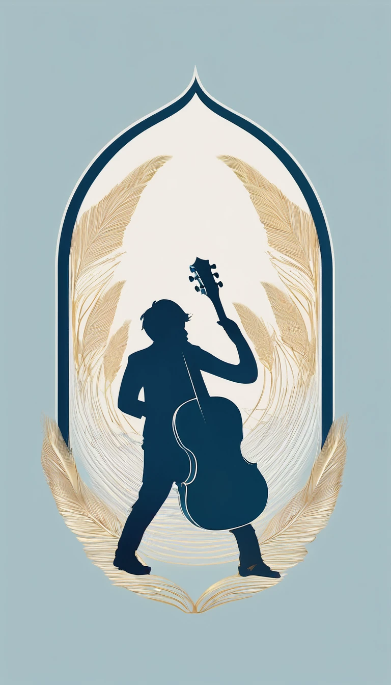 A minimal, modern, simple, cinematic logo design for the brand “Penamemoria". The logo design must be a simple, silhouette of a boy, standing up, playing acoustic guitar and fantasy feather by his side. The logo must convey a sense of music, stories, memories and dreams. Logo design impressed on a book cover. Minimalistic logo. Light blue, white and soft golden as colors for the logo design