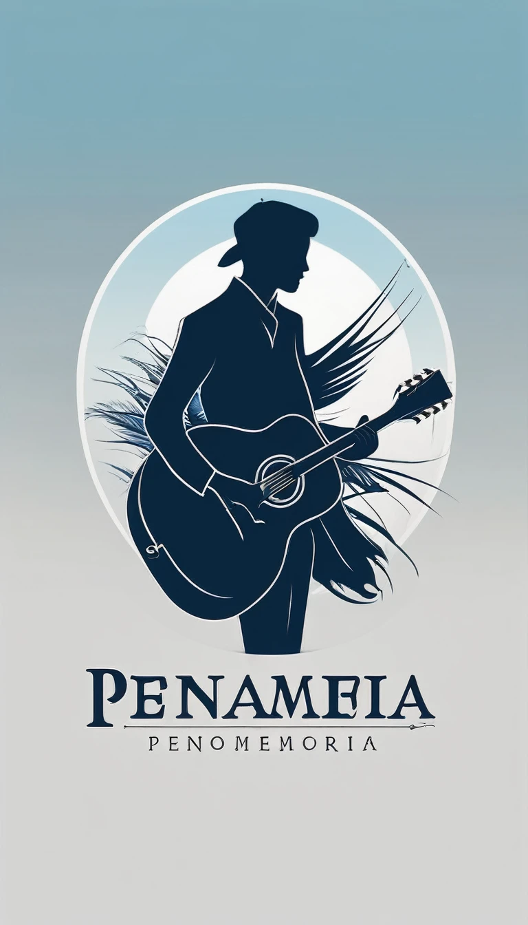 A minimal, modern, simple, cinematic logo design for the brand “Penamemoria". The logo design must be a simple, silhouette of a boy, standing up, playing acoustic guitar and fantasy feather by his side. The logo must convey a sense of music, stories, memories and dreams. Logo design impressed on a book cover. Minimalistic logo. Light blue, white and soft golden as colors for the logo design