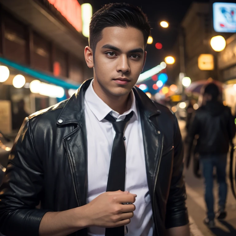 Aarav man, 25 years old, short black haircut, standing in the middle of the road., Hero Moves, standing next to car, Nissan 350z middle shot, The promotion is still on., The promotion is still on., Zach Retz, Shot with canon eos r5, Shot with canon eos r5, moody movie lighting, Rafael Pernaz, Photo Editor, Alexander Rostov, Still from Riverdale, Portrait 8 k, cyberpunk ????, ultra realistic, neon, photography model, raw image, dsrl, neon signs, purple, light blue, red