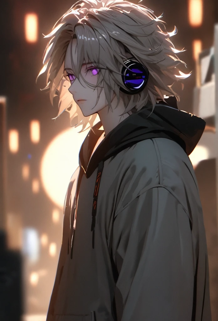 (solo), grey hair, messy hair, mane hair, short hair, dense hair, wild hair, expressive hair,(25 year old), pale skin, ((male)), purple eyes, handsome guy, wearing a grey hoodie, black headphones, beautiful, attractive, Yin, eye reflection, depth of field, thunder aura, cinematic lighting, ray tracing, depth of field, cinematic lighting, ray tracing, UHD, high details, best quality, highres, high quality, award winning, super detail, masterpiece, 8k, UHD, high details, best quality, highres, high quality, award winning, super detail, masterpiece, 8k, digital art, anime coloring, body shot, good face, perfect face, detailed face, good eyes. The background is space. A blackhole in the background. Side profile.