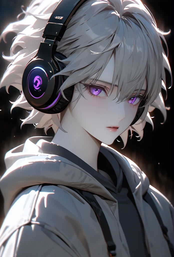 (solo), grey hair, messy hair, mane hair, short hair, dense hair, wild hair, expressive hair,(25 year old), pale skin, ((male)), purple eyes, handsome guy, wearing a grey hoodie, black headphones, beautiful, attractive, Yin, eye reflection, depth of field, thunder aura, cinematic lighting, ray tracing, depth of field, cinematic lighting, ray tracing, UHD, high details, best quality, highres, high quality, award winning, super detail, masterpiece, 8k, UHD, high details, best quality, highres, high quality, award winning, super detail, masterpiece, 8k, digital art, anime coloring, body shot, good face, perfect face, detailed face, good eyes. The background is space. A blackhole in the background. Side profile.