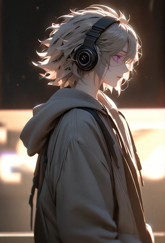 (solo), grey hair, messy hair, mane hair, short hair, dense hair, wild hair, expressive hair,(25 year old), pale skin, ((male)), purple eyes, handsome guy, wearing a grey hoodie, black headphones, beautiful, attractive, Yin, eye reflection, depth of field, thunder aura, cinematic lighting, ray tracing, depth of field, cinematic lighting, ray tracing, UHD, high details, best quality, highres, high quality, award winning, super detail, masterpiece, 8k, UHD, high details, best quality, highres, high quality, award winning, super detail, masterpiece, 8k, digital art, anime coloring, body shot, good face, perfect face, detailed face, good eyes. The background is space. A blackhole in the background. Side profile.