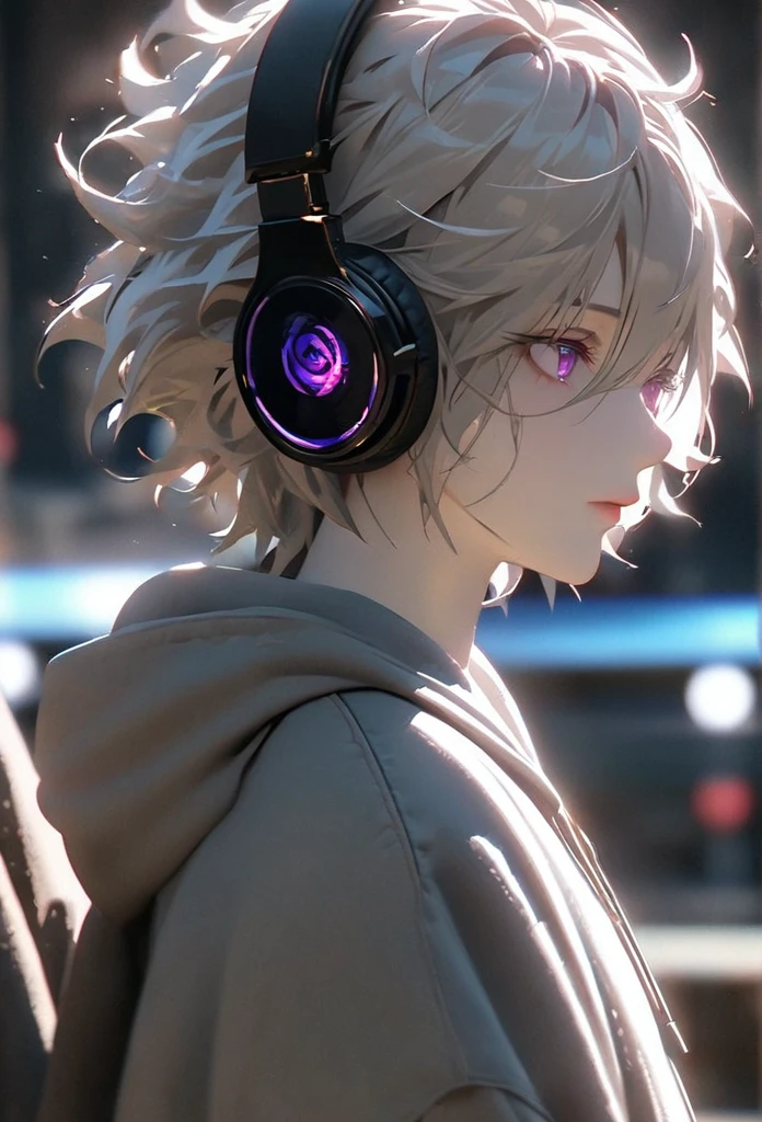 (solo), grey hair, messy hair, mane hair, short hair, dense hair, wild hair, expressive hair,(25 year old), pale skin, ((male)), purple eyes, handsome guy, wearing a grey hoodie, black headphones, beautiful, attractive, Yin, eye reflection, depth of field, thunder aura, cinematic lighting, ray tracing, depth of field, cinematic lighting, ray tracing, UHD, high details, best quality, highres, high quality, award winning, super detail, masterpiece, 8k, UHD, high details, best quality, highres, high quality, award winning, super detail, masterpiece, 8k, digital art, anime coloring, body shot, good face, perfect face, detailed face, good eyes. The background is space. A blackhole in the background. Side profile.