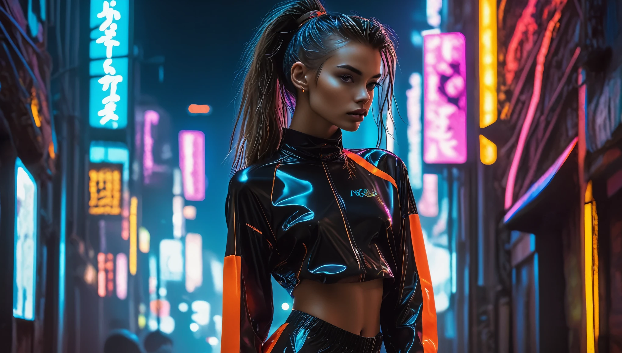 Top Quality, Masterpiece, High Resolution, 8k, (((cute skinny barely legal girl in oversized polyester shirt and wetlook leggings, bare belly, bare back, wide neckline, deep neckline, small perky breasts, beautiful detailed eyes, beautiful detailed lips, small closed mouth, extremely detailed face, fine long ponytail hair, small hips))), cyberpunk apartment, moody atmosphere, dramatic and random neon colors, futuristic setting, intricate details, at night, backlit, full body shot, view from distance, random pose