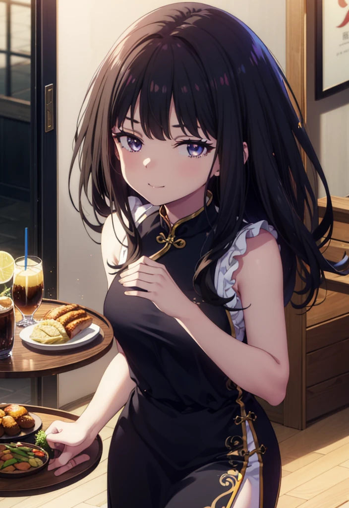 Takiuchi, Check it out, Long Hair, bangs, Black Hair, (Purple eyes:1.2),happy smile, smile, Close your mouth,
Sleeveless blue Chinese dress,Blue long slit,Black pantyhose,Stiletto heels,Tables and chairs, food, drink, tray, tray in one hand,whole bodyがイラストに入るように,Walking,
break indoors,Chinese style coffee shop,
break looking at viewer, whole body,
break (masterpiece:1.2), Highest quality, High resolution, unity 8k wallpaper, (shape:0.8), (Fine and beautiful eyes:1.6), Highly detailed face, Perfect lighting, Highly detailed CG, (Perfect hands, Perfect Anatomy),
break outdoors, city,
break looking at viewer, (Cowboy Shot:1.5),
break (masterpiece:1.2), Highest quality, High resolution, unity 8k wallpaper, (figure:0.8), (Beautiful attention to detail:1.6), Highly detailed face, Perfect lighting, Highly detailed CG, (Perfect hands, Perfect Anatomy),