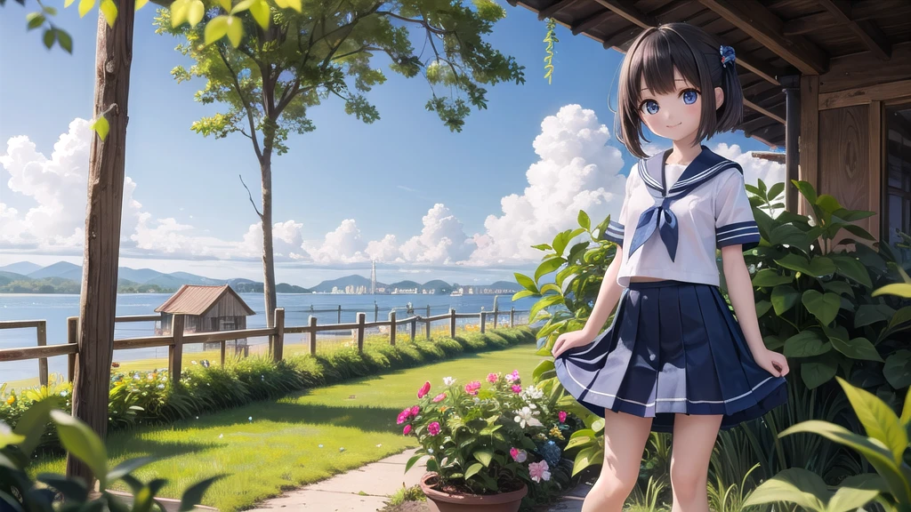 (masterpiece), town, blue sky, One Girl, smile, alone, Sailor suit、Long skirt, Overgrown, petal, plant、Skirt lining、Translucent slip、Nostalgic