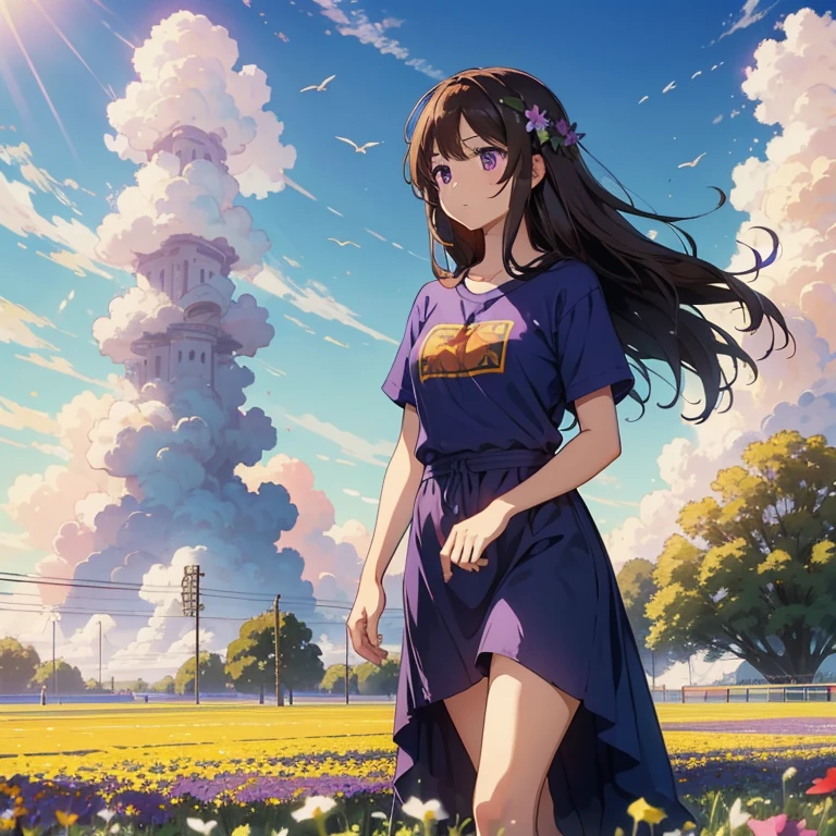 Masterpiece, best quality, high quality, One girl, has long brown hair, purple eyes, wears long blue sirt, walking on the field, flowers on the field, Summer, clouds on the sky, sunny day, shy mile