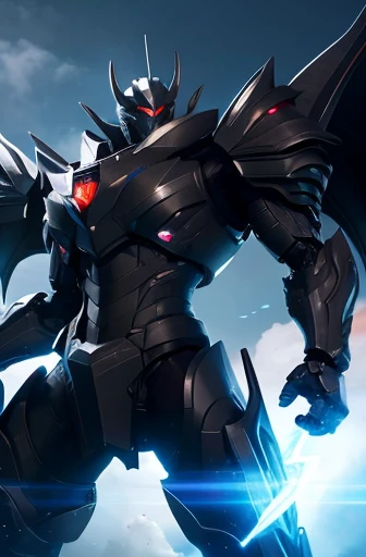 Highest quality、photograph、8K、Fantasy、detailed、Giant dragon-like robot with metal wings、（Diffuse reflection of light）、A jet black body that reflects light like a black diamond、Complex Texture、Solidly constructed and textured body、（Large hand-held weapons、Large Rifle、Big sword）、Dragon-like head、The face is accurately drawn、Floating and stationary、A triumphant pose、war、masterpiece
