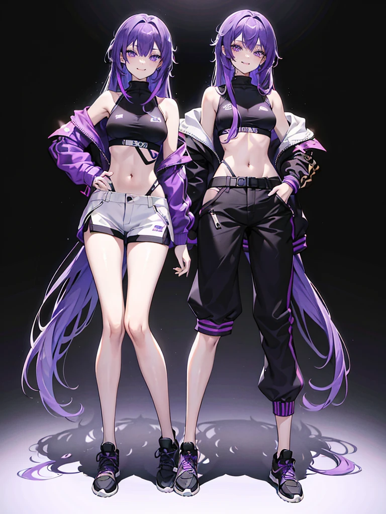 One girl, Long purple hair, Iris, Wearing a black sports bra, Oversized outerwear,Wearing baggy black pants, absurdes, High resolution, Super sharp, 8K, masterpiece, View your viewers, sexly, Fascinating, erotic, Tongue sticking out, expensive, Golden body proportions, smile,((full body))