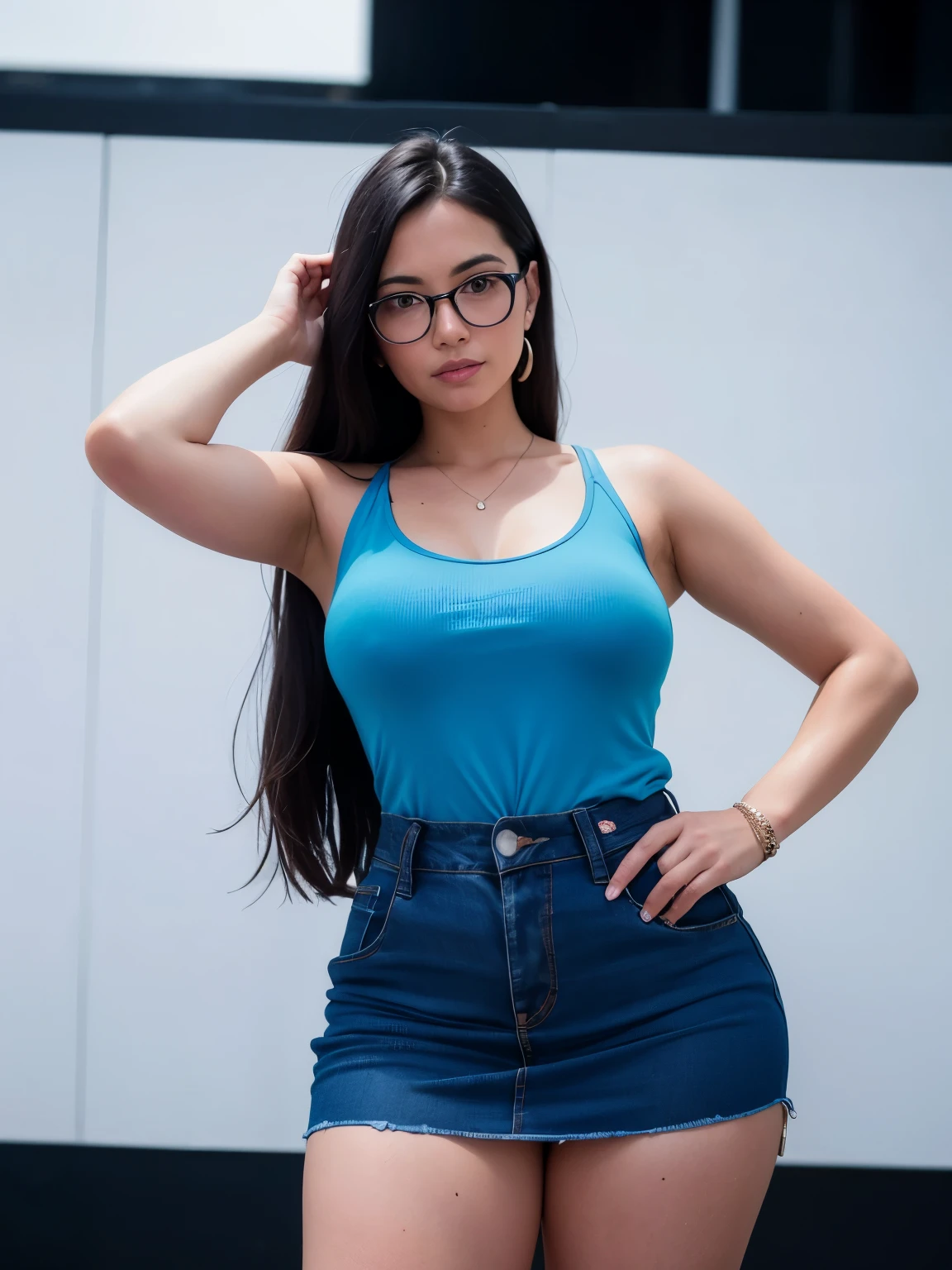 photo of a realistic woman posing confidently, wearing glasses and a blue fitted tank top. She has long, straight dark hair and is dressed in a high-waisted denim skirt. The background is plain and neutral, highlighting her pose and outfit. She has a relaxed expression and is pulling her hair back with one hand, adding a casual and natural vibe to the photo. Her figure is proportional and natural, and the image should capture the fine details of her outfit and features, ensuring a high level of realism and clarity.