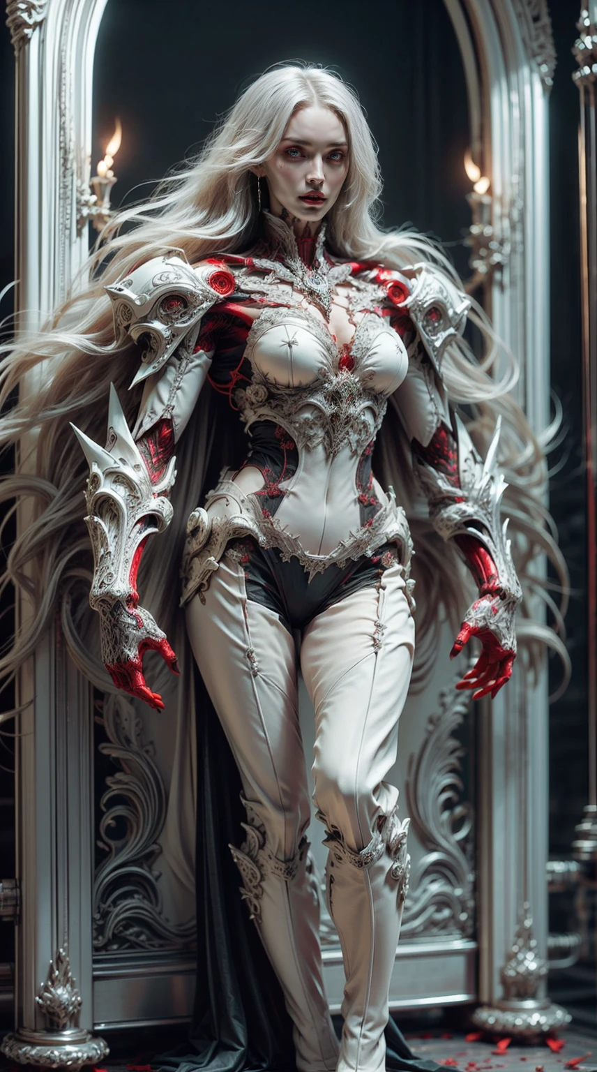 (((megan fox))), (masterpiece:1.1), (best quality:1.1), ((full body view:1.25)), (ornate:1.1), (red and black coloring:1.26), BREAK, (horror:1.0), (esoteric:1.1), (solo:1.4), (dynamic angle:1.0), (cowboy shot:1.0), (woman:1.1),(very muscular bodybuilder girl:1.25), (huge upper body:1.25), (narrow hips:1.0), long hair, (gothic intricate vampiric armor:1.25), (gauntlets:1.0), (shoulder armor:1.1), ((tarot style frame:1.25)), (glowing red eyes:1.25), (huge muscular arms:1.5,) thin legs, Realistic, Very detailed face and eyes, masterpiece