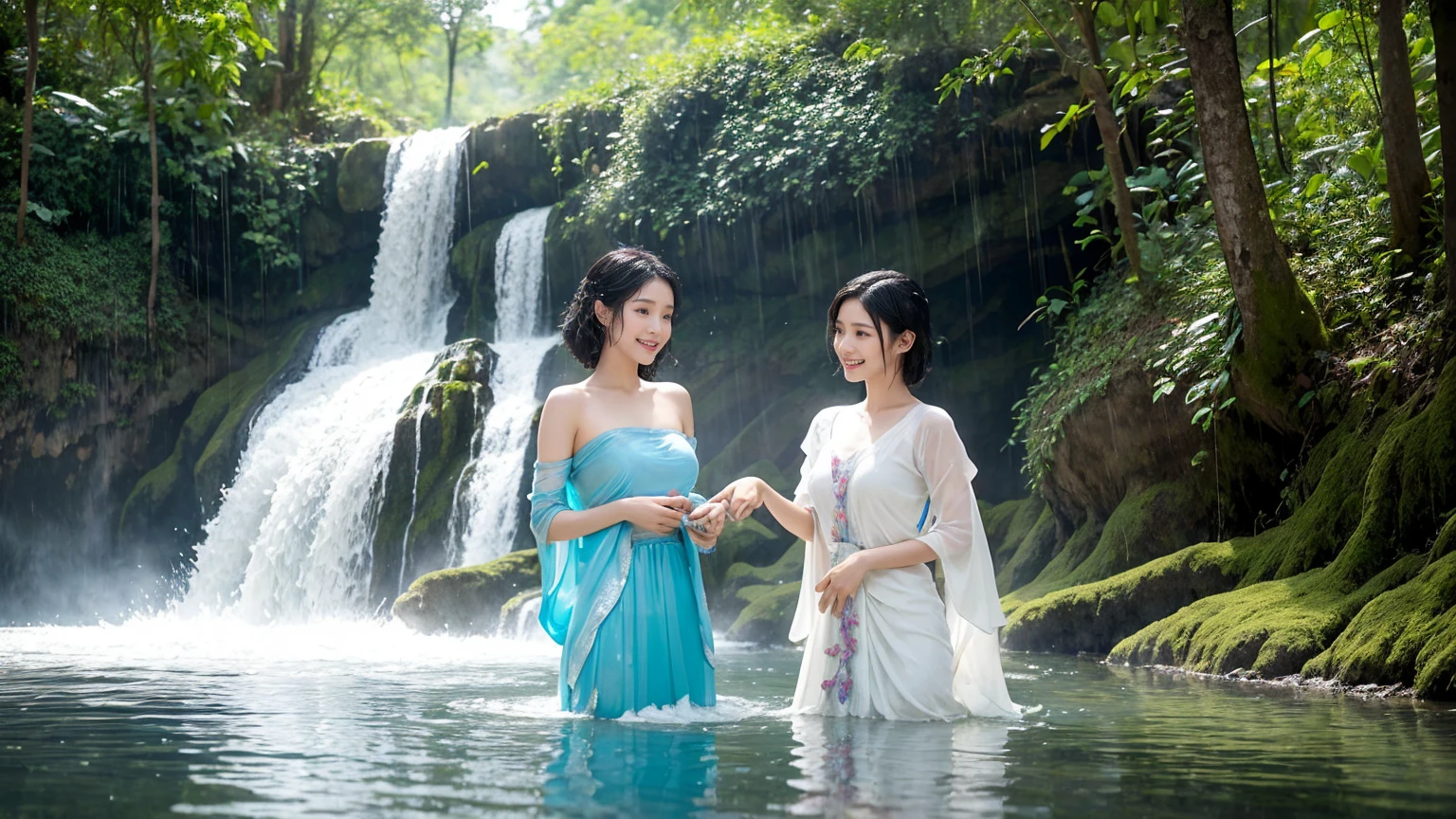 fantasy movie scene vivid colour two beautiful ancient thai young female pixies with black short hair shy smile and pixie wing Transparent wings, beautiful and complex light blue translucent wearing authentic traditional thai dress,in nature,They both help washing hair with massive shampoo foam in the water fall, heaviest rain, longest exposure shot