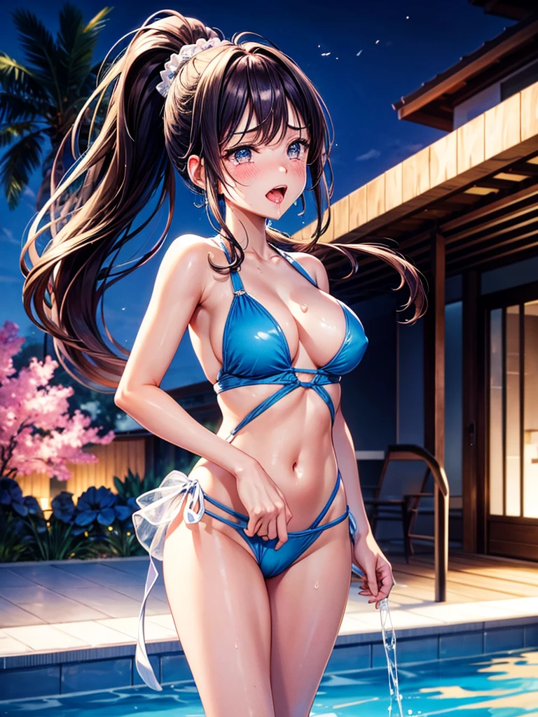 Highest Resolution,Highest quality,１People Girls,beautiful girl,Full body close-up,The body is frontal,looking at the camera,Standing posture,Crying face,Tears,Stringy saliva,Open your mouth,Sticking out tongue,Saliva,Tears overflow,Dripping a lot of saliva,Drooling,Swimsuits by the pool at night,Night view,High leg,ponytail,