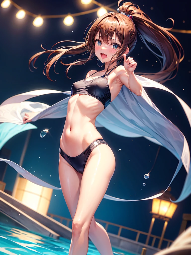 Highest Resolution,Highest quality,1People Girls,beautiful girl,Full body close-up,The body is frontal,looking at the camera,Standing posture,Crying face,Tears,Stringy saliva,Open your mouth,Sticking out tongue,Saliva,Tears overflow,Dripping a lot of saliva,Drooling,Swimsuits by the pool at night,Night view,High leg,ponytail,