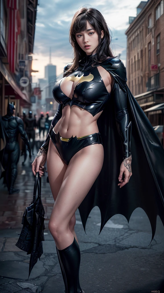(nsfw:1.1)、((Cowboy Shot))、Mature Woman、(masterpiece, Highest quality), Intricate details, 8K, 1 Girl, Long Hair, Bowl Cut Hair,((blunt bangs))、 Black Hair,((Ultra-detailed and super-intricately designed Batman suit)),Skyscraper, city, building,street,((Delicate painting)),(Detailed RAW photos of girls), (Pieces fly:1.25), (Highest quality:1.6), (Ultra-high resolution:1.5), (Photorealistic:1.75), 8K resolution, Canon EOS R5, 50mm, Confused, Very detailed,Cinema Lighting、(((Super big breasts)))、Leg spread、The abdomen is visible、((Separate suits))、Ultra-detailed and intricately decorated Batman knee-high socks、Sexy pose、Batman bikini with delicate and detailed embellishment、