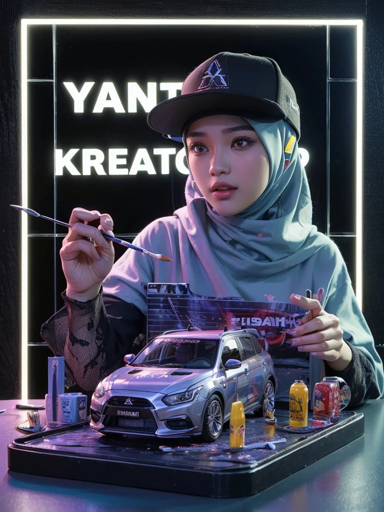 Highly Detailed Realistic 3D Art UHD 16k 23 Year Old Indonesian WOMEN HIJAB Holding a Snapback Hat Paintbrush Making a Miniature / Diorama in His Room Busy urban Mitsubishi car theme, black neon background with the words "YANTI KREATOR"