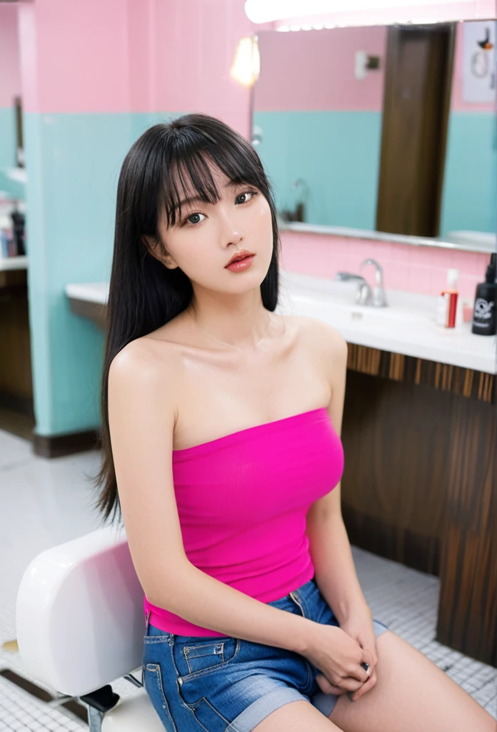 close-up of beautiful South Korean, Song Joo A is a South Korean digital creator and model, youthful face, white skin body, perfect body, long hair, black hair, straight hair, flat bangs cut, bust size 38 inches, wearing a tight plain hot pink strapless tube top, wearing a tight denim shorts, Joo A holding breasts with her own two hands is very sexy and sigh, Joo A squeezes the breasts very seductively, Joo A lowered her shirt a little bit, Joo A sits on the male-only barbershop, Joo A pees in the male-only barbershop with a sigh, Joo A pees, Joo A peed herself until she was wet, ((peeing self)), ((pee stain)), puddle, my hair was held by a male barber, then male barber held a pair of scissors in his right hand, then cut my hair forcefully by the male barber using the scissors with a sigh, strand after strand of Joo A’s hair fell down, pieces of Joo A’s hair now filled the floor around where she was sitting, sexy looking pose, pose a naughty look, at a male-only barbershop, UHD