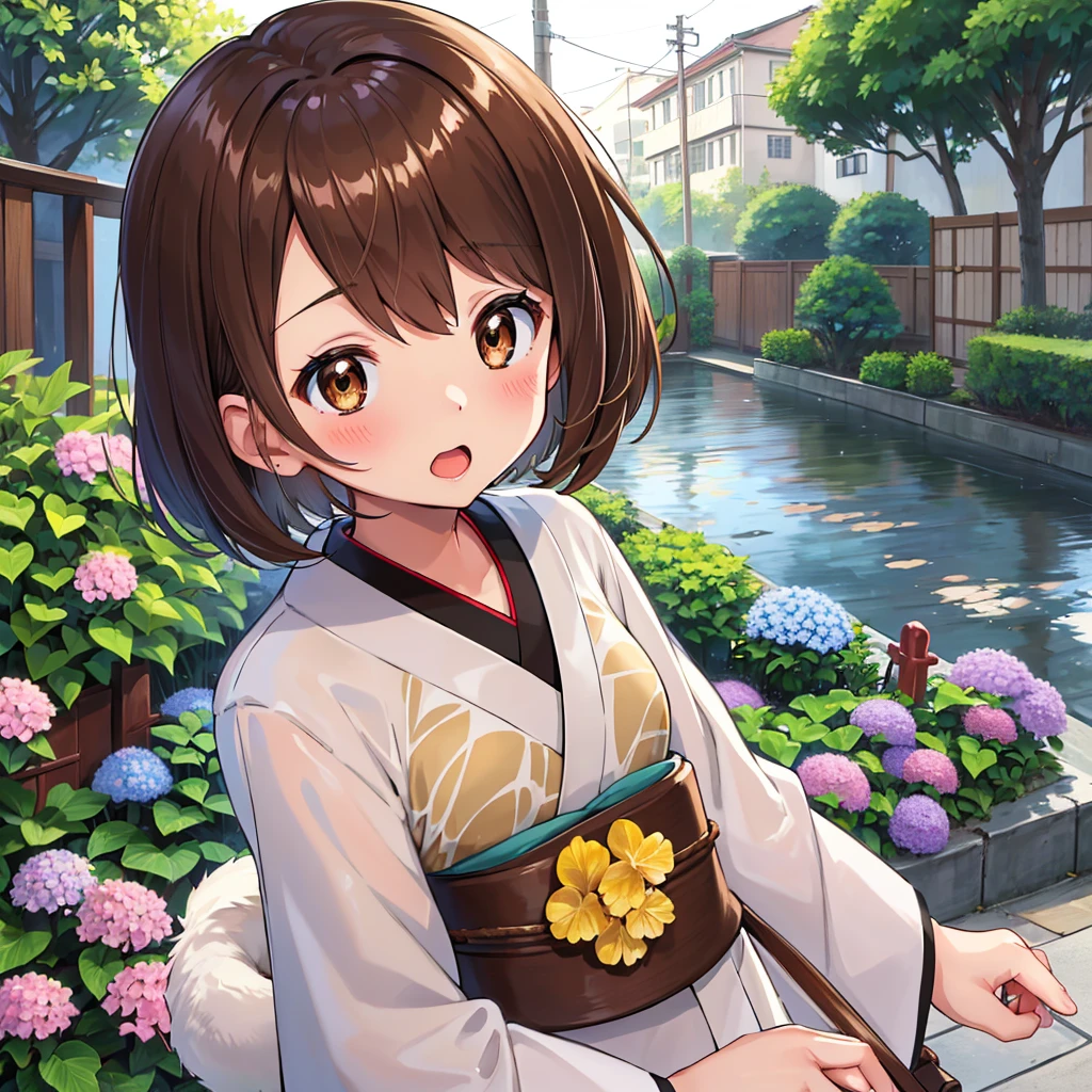 masterpiece, Highest quality, High resolution, Gloria1, 1 Girl, Gloria\(Pokémon\), Brown Hair, , Brown Eyes, , Short Hair, , Bobcut, bangs, , 　１Describe a girl carefully　１Girl　Expression in love　blush　Open Mouth　blush　　kimono（Hydrangea pattern）　Upper Body　Japanese-style streetscape　　rain